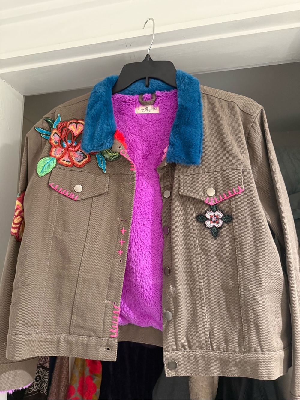 NATURAL LIFE Taupe Jacket with Teal Collar and Bright Pink Lining